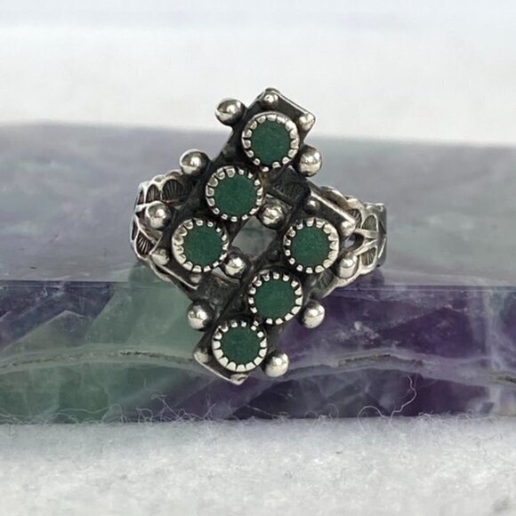 VTG Southwest Sterling Silver 925 Snake Eyes Petit Point Green Onyx Ring Sz 5.25 - Picture 1 of 16